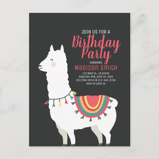 Cute Party Llama and Balloon Birthday Invitation (Front)
