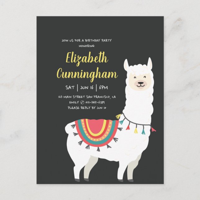 Cute Party Llama and Balloon Birthday Invitation Postcard (Front)