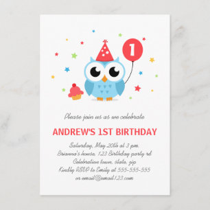 Cute party owl with balloon and cupcake birthday invitation