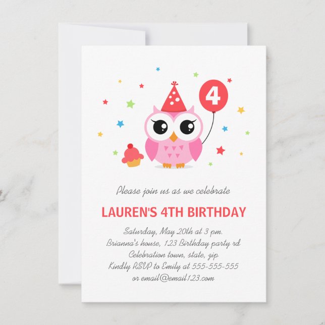 Cute party owl with balloon and cupcake birthday invitation (Front)