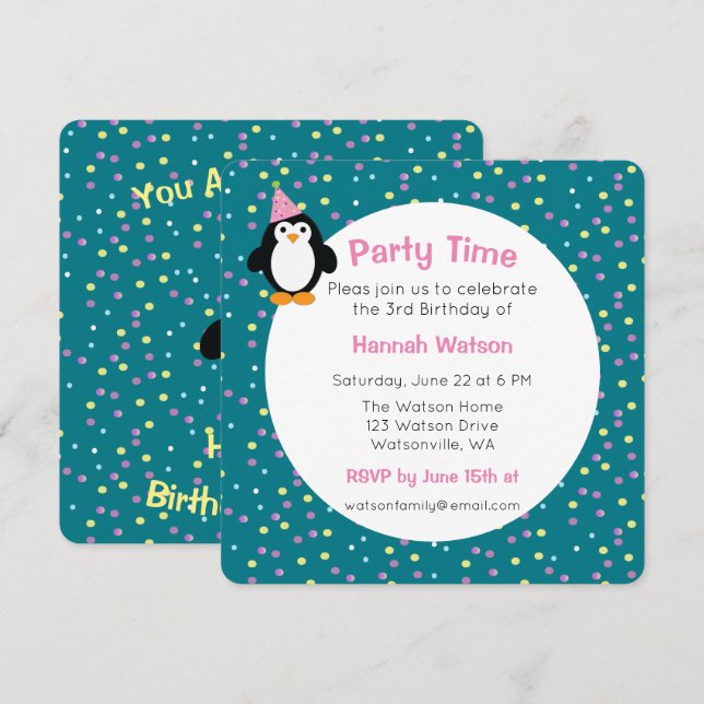 Cute Party Penguin Birthday Party Invitation (Front/Back)