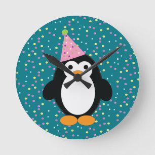 Cute Party Penguin Round Clock