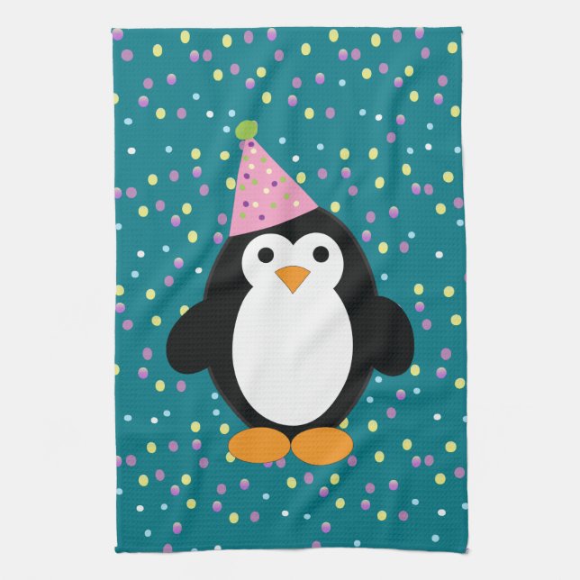 Cute Party Penguin with confetti pattern Tea Towel (Vertical)