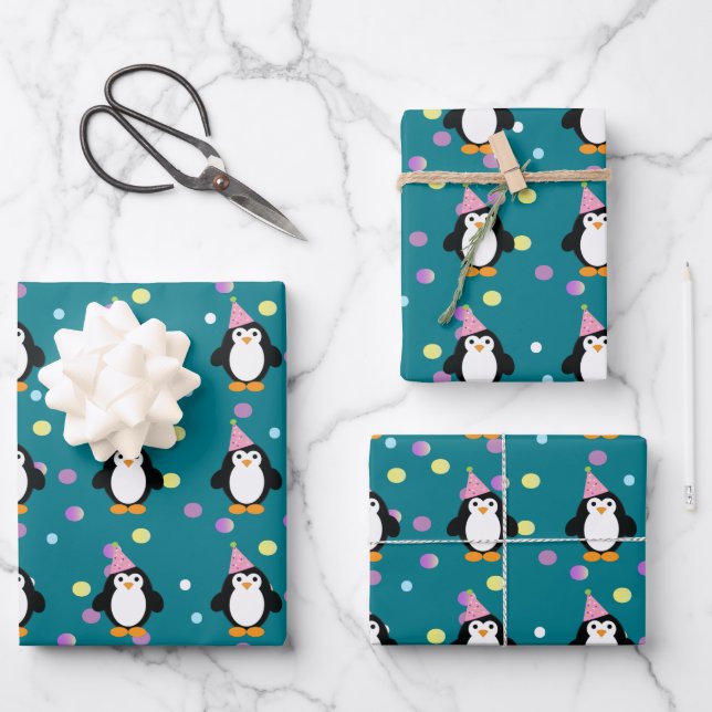 Cute Party Penguin Wrapping Paper Sheet (Front)