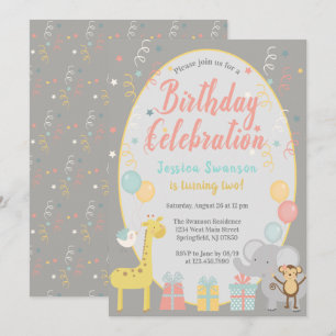 Cute Party Zoo Animals Birthday Celebration Pink Invitation