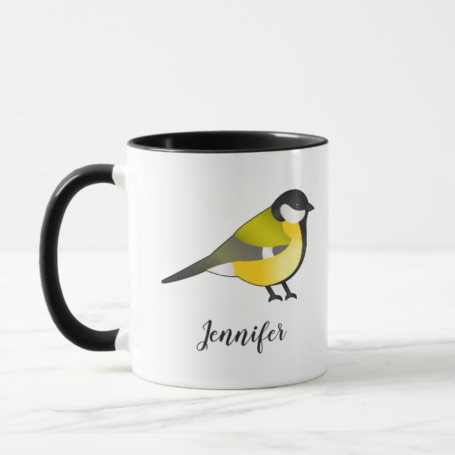 Cute Parus Major Yellow Bird & Custom Name Mug (Left)