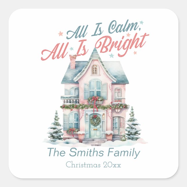 Cute Pastel All is Calm, All is Bright Christmas  Square Sticker (Front)