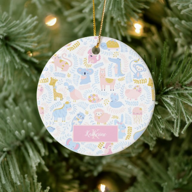 Cute Pastel Animal Monogrammed Girl Pink Christmas Ceramic Ornament (Tree)