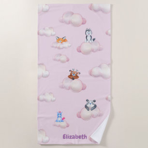 Cute Pastel Animals On Clouds Monogram Beach Towel