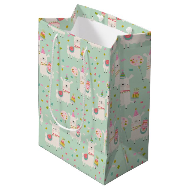 Cute Pastel Aqua Turquoise Party Llama Kids Medium Gift Bag (Front Angled)