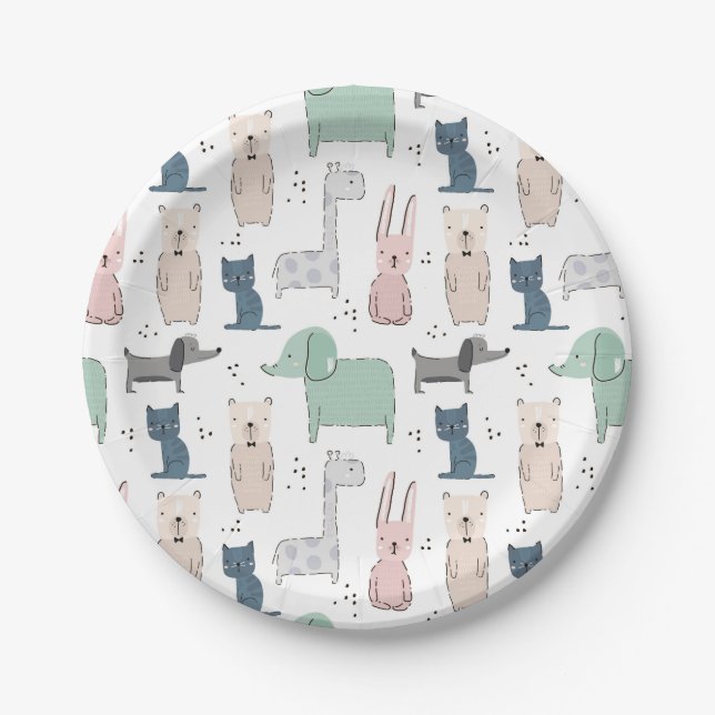 Cute Pastel Baby Animal Pattern Paper Plate (Front)