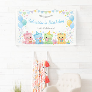 Cute Pastel Baby Bears Birthday Boy Blue Party Banner