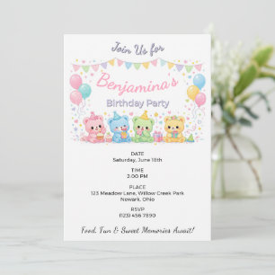 Cute Pastel Baby Bears Pink Birthday Party Girl Invitation