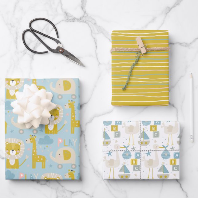 Cute Pastel Baby Boy Blue Elephant Stork Giraffe Wrapping Paper Sheet (Front)