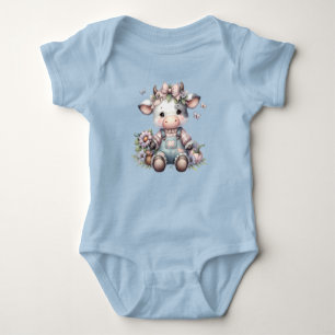 Cute Pastel Baby Cow in Overalls with Flowers Bodysuit