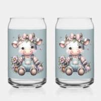 Cute Pastel Baby Cow in Overalls with Flowers