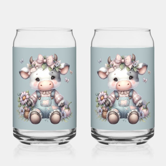 Cute Pastel Baby Cow in Overalls with Flowers Can Glass (Front)
