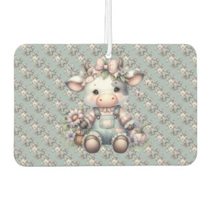 Cute Pastel Baby Cow in Overalls with Flowers Car Air Freshener