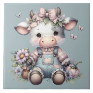 Cute Pastel Baby Cow in Overalls with Flowers Ceramic Tile