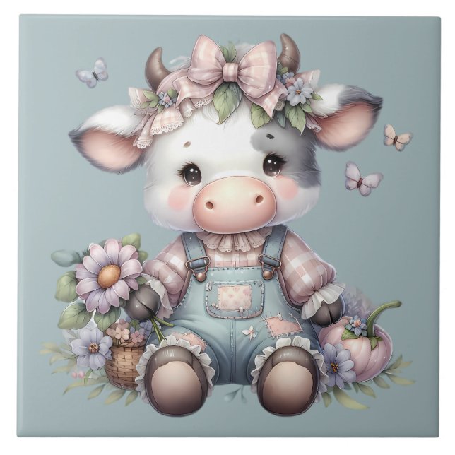 Cute Pastel Baby Cow in Overalls with Flowers Ceramic Tile (Front)