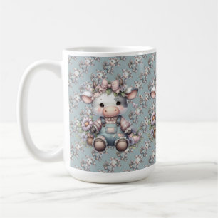 Cute Pastel Baby Cow in Overalls with Flowers Coffee Mug