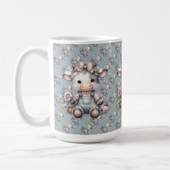 Cute Pastel Baby Cow in Overalls with Flowers Coffee Mug (Left)