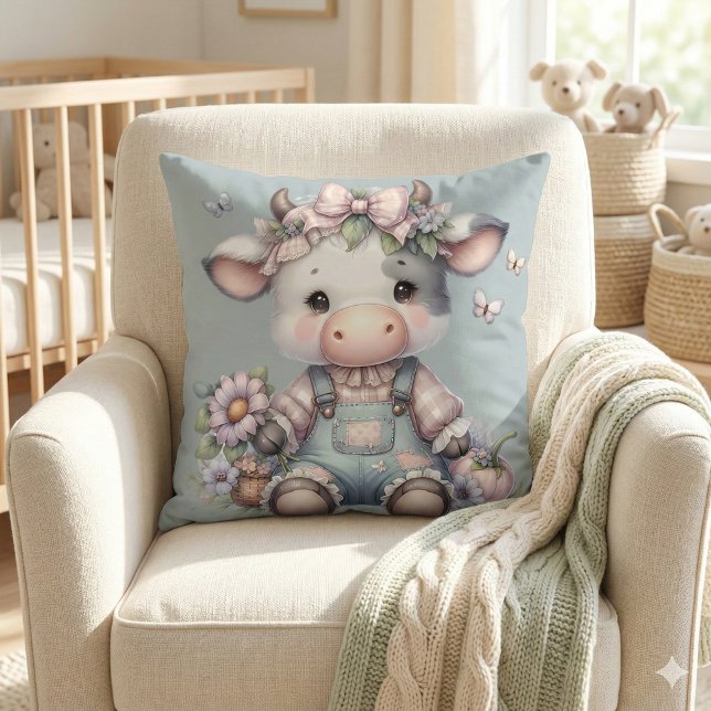 Cute Pastel Baby Cow in Overalls with Flowers Cushion (Cute Pastel Baby Cow in Overalls with Flowers Throw Pillow Mockup A)