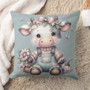 Cute Pastel Baby Cow in Overalls with Flowers Cushion