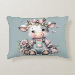 Cute Pastel Baby Cow in Overalls with Flowers Decorative Cushion