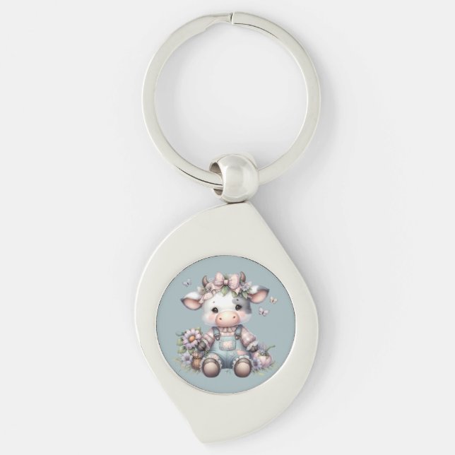 Cute Pastel Baby Cow in Overalls with Flowers Key Ring (Front)