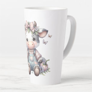 Cute Pastel Baby Cow in Overalls with Flowers Latte Mug