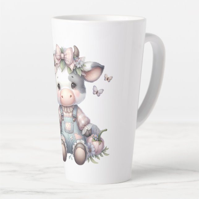 Cute Pastel Baby Cow in Overalls with Flowers Latte Mug (Right Angle)