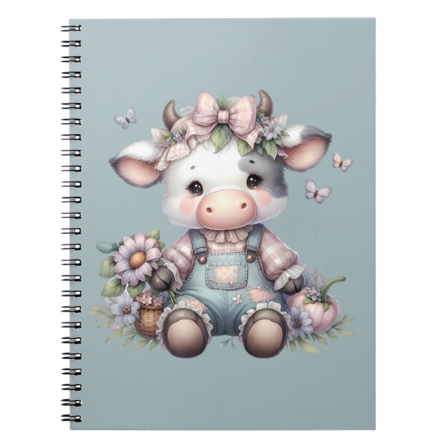 Cute Pastel Baby Cow in Overalls with Flowers Notebook (Front)