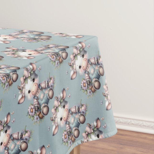 Cute Pastel Baby Cow in Overalls with Flowers Tablecloth (In Situ)