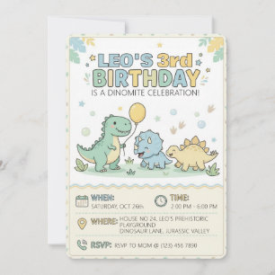 Cute Pastel Baby Dinosaur 3rd Birthday Party Invitation