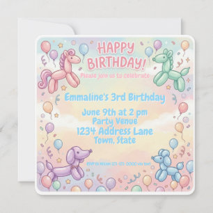 Cute Pastel Balloon Animal Birthday Girl Invitation