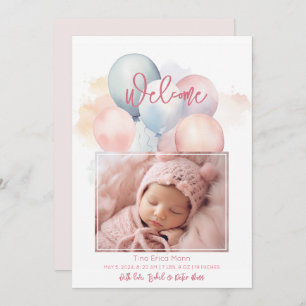 Cute Pastel Balloons Welcome Baby Girl Birth  Announcement