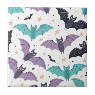 Cute Pastel Bats and Stars on White Halloween Ceramic Tile
