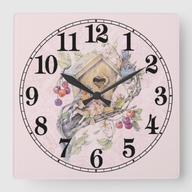 Cute Pastel Bird House Square Wall Clock (Front)