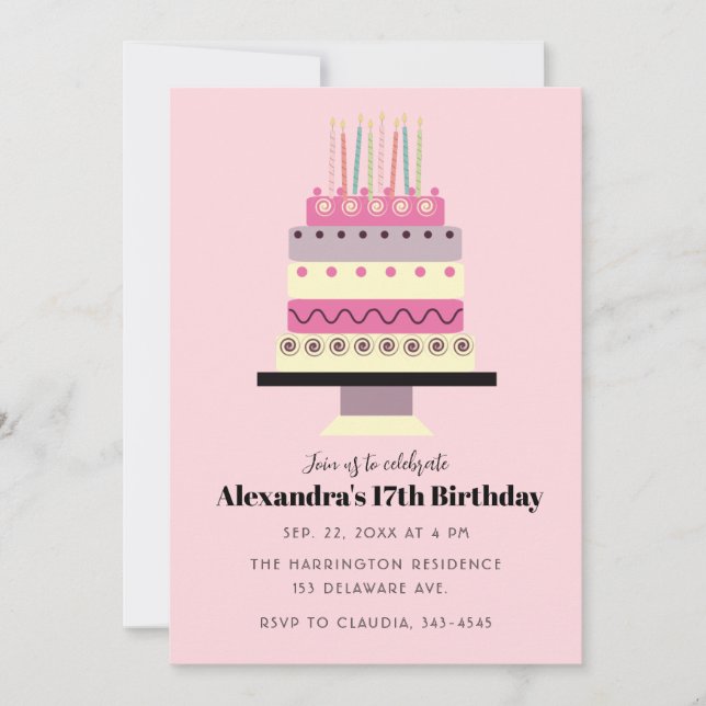 Cute Pastel Birthday Cake Retro Girly Pink  Invitation (Front)
