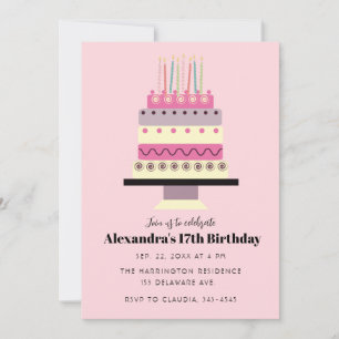 Cute Pastel Birthday Cake Retro Girly Pink Invitation