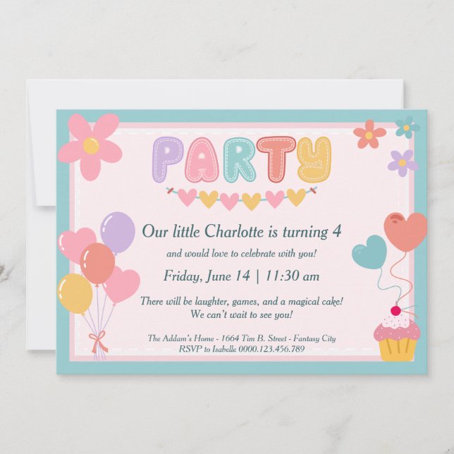 Cute Pastel Birthday Party Invitation Kids Party (Front)