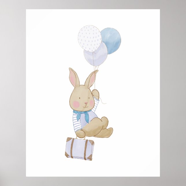 Cute Pastel Blue Ballons Bunny Nursery Decor (Front)