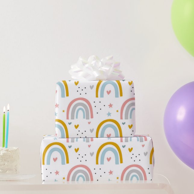 Cute Pastel Blue Blush Teal Boho Rainbow Hearts Wrapping Paper (Party Gifts)