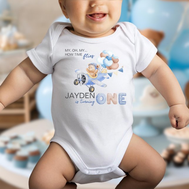 Cute Pastel Blue Brown Baby Bear Turning One Baby Bodysuit (Creator Uploaded)