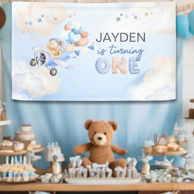 Cute Pastel Blue Brown Baby Bear Turning One Banner (Creator Uploaded)