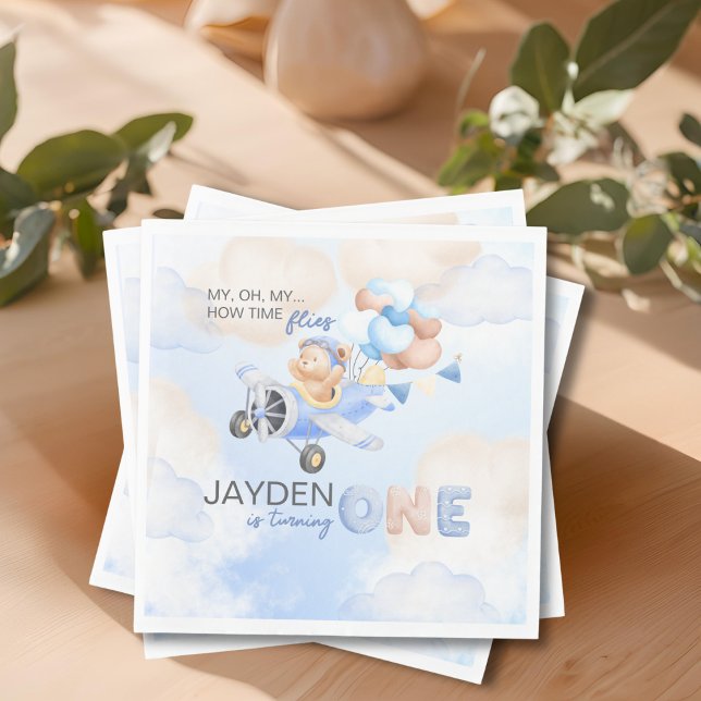 Cute Pastel Blue Brown Baby Bear Turning One Napkin (Creator Uploaded)