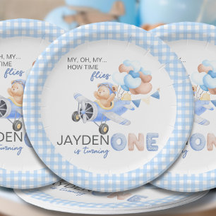 Cute Pastel Blue Brown Baby Bear Turning One Paper Plate