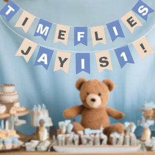 Cute Pastel Blue Brown Turning One With Name  Bunting