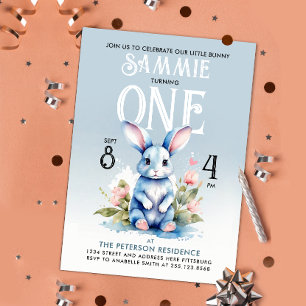 Cute Pastel Blue Bunny 1st Bday Baby Boy Cartoon Invitation